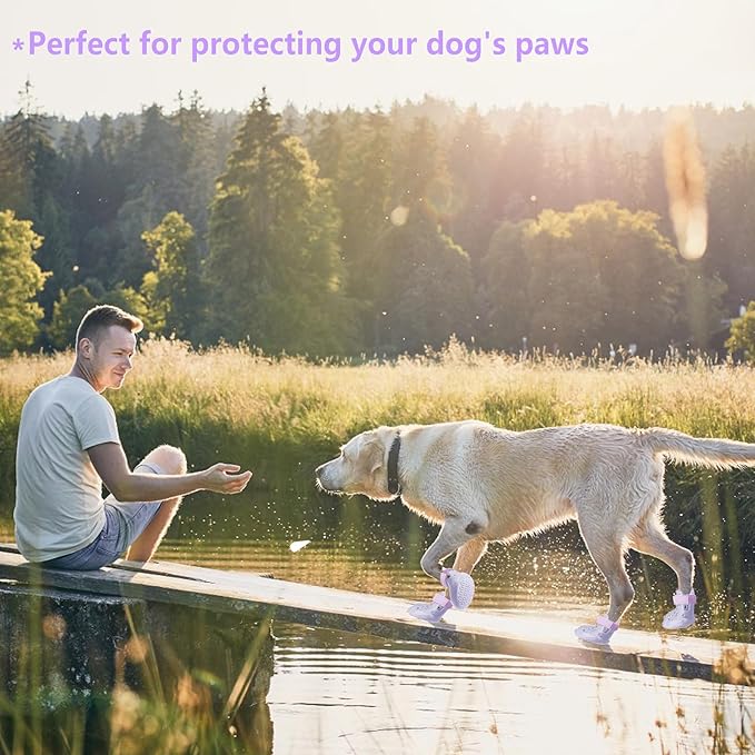 Dog Shoes, Dog Sandals for Hot Pavement, Non-Slip Waterproof Dog Booties for Winter Snowy Day and Summer, Adjustable Straps Easy-Clean Beach Outdoor Pet Boots Rugged Sole-4Pcs Purple