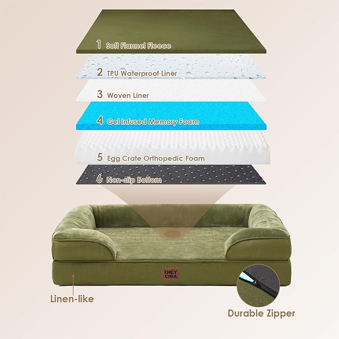 EHEYCIGA Orthopedic XL Dog Beds, Waterproof Memory Foam Dog Bed for Extra Large Dogs, Non-Slip Bottom and Egg-Crate Foam Big Pet Couch Bed with Washable Removable Cover, Olive Green