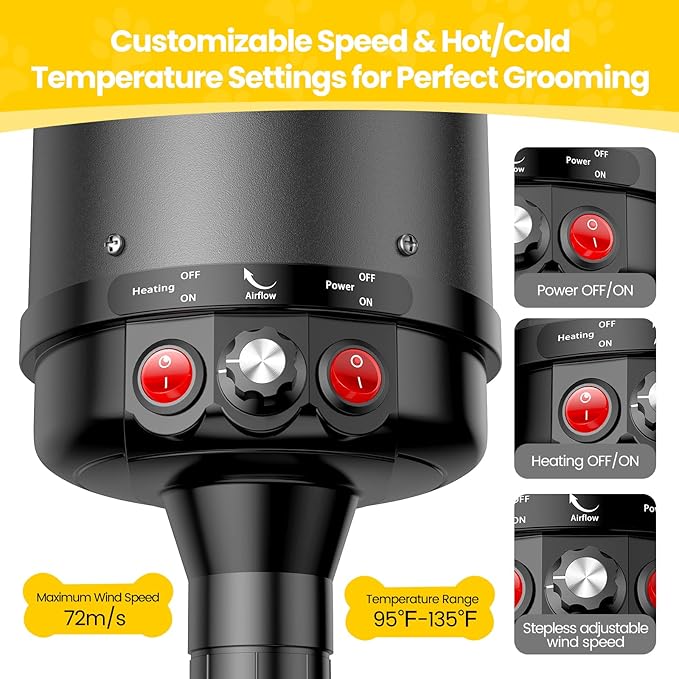 Dog Dryer, 5.2HP/3800W High Velocity Dog Hair Dryer with 4 Nozzles, Stepless Adjustable Speed & Temperature Control, Low Noise Professional Dog Grooming Dryer (Black)