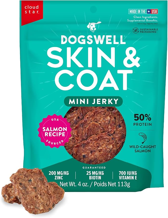 Dogswell Skin & Coat Mini Jerky Dog Treats, Salmon, 4 oz. Bag