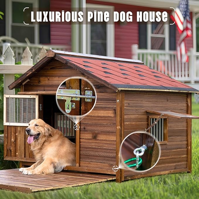 Extra Large Dog House Outdoor Made of Solid Pine Wood, Warm Doghouse, Dog House with Elevated Floor for Large Dogs, (Wood, 7XL)