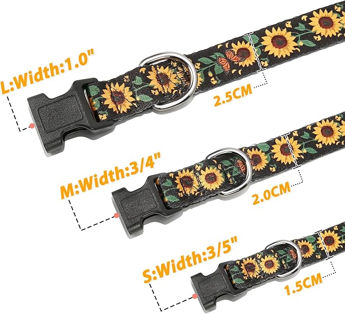HEELE Dog Collar, Adjustable Soft Dog Collar for Small Medium Large Dogs,Sunflower Floral Patterned Puppy Collars with Quick Release Buckle Sunflower Black M Length 13.39''-20.87''