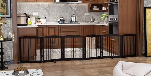 Freestanding Pet Gate for Dogs, Foldable Wooden Dog Gate for House, Extra Wide Indoor Pet Barrier for Stair, Doorway, Hall, Support Feet Included, 120 Inch Wide, 6 Panels 24", Brown