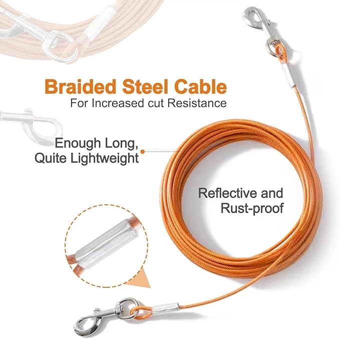 Dog Tie Out Cable,20ft Dog Lead-Heavy Duty Tie Out Cable for for Large Dogs Up to 125lbs-Dog Chain for Yard-Outside Dogs Runner Tether Line