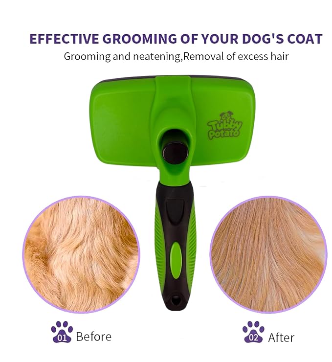 Tubby Potato™ Self Cleaning Slicker Brush - Deshedding Brush for Long and Short Haired Pets. Comfortable and Safe for Senitive Skin. Great for Dogs, Cats, and other Small Animals- Green