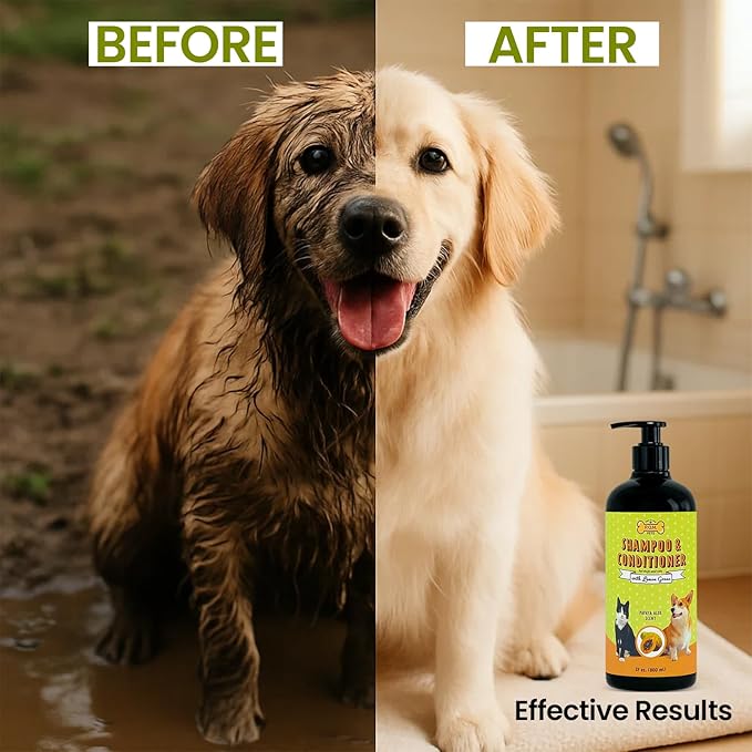 POM Pets 2-in-1 Organic Dog Shampoo & Conditioner – Itchy Skin Relief, Dog Deshedding, Detangles Fur, Cat Shampoo, Paw Cleaner for Dogs, Natural Coat Defense Formula
