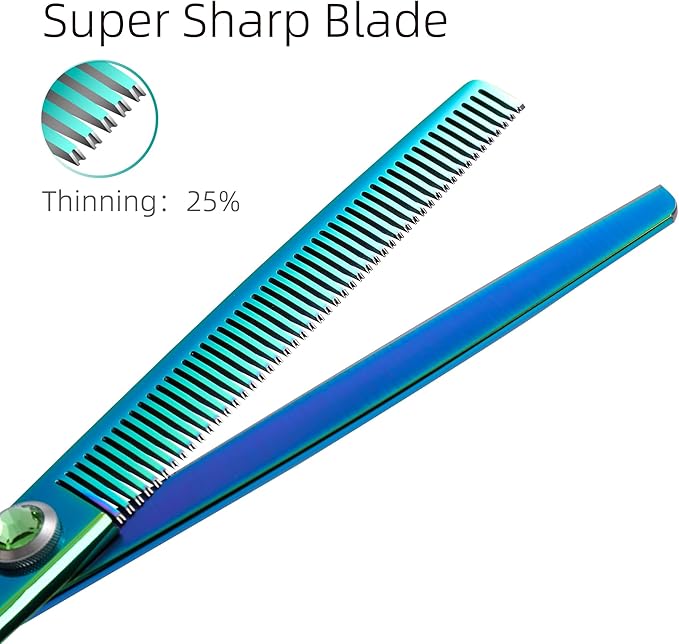 Fenice Peak 7'' Green Thinning Dog Grooming Scissors Pet Shears with Ergonomic Offest Handle and Simulated Emerald Screw 440C Grooming Scissors Trimming Shears Durable and Sharp