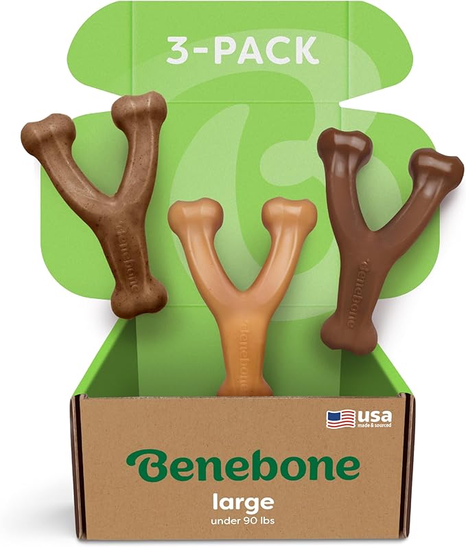 Benebone Large 3-Pack, Wishbone Durable Dog Chew Toy for Aggressive Chewers, Real Bacon, Chicken, Peanut Butter, Made in USA, Variety Pack
