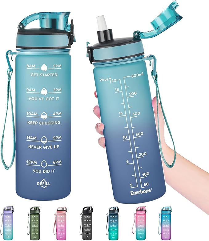 Enerbone Water Bottle, Leakproof BPA & Toxic Free, Motivational Water Bottle with Times to Drink and Straw, Fitness Sports Water Bottle with Strap for Office, Gym, Outdoor Sports