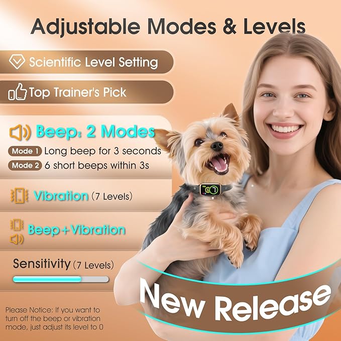 Smart Dog Bark Collar, Automatic Stop Bark Collar for Large, Medium, Small Dogs, Safe & Humane Barking Collar with Beep, Vibration & 7 Adjustable Sensitivity, Anti Barking Device IP67 Waterproof