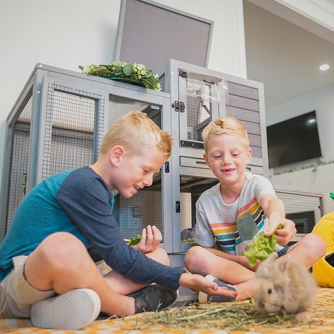 GUTINNEEN 2-Story Rabbit Hutch Indoor with Chew-Proof Ramp & Slide-Out Plastic Trays - Wooden Small Animal Cage Guinea Pig Cages with Wheels for 2-4 Rabbits, Bunnies, and Guinea Pigs (Grey)