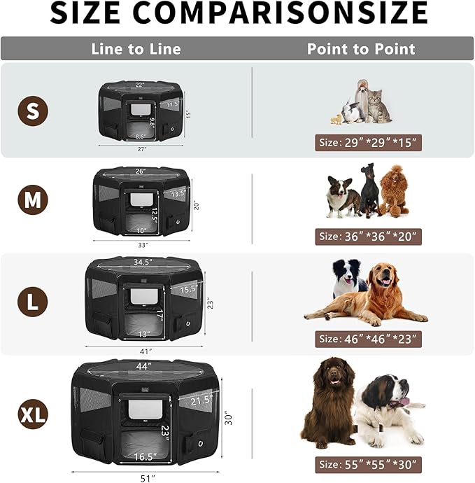 DONORO Dog Playpen Portable Pet Play Pens for Small Dog/Cat/Rabbit/Chicks, Cat Playpen Indoor/Outdoor with Carring Case, Removable Zipper Top and Bottom (Black, Large (46"x46"x23"), 8)