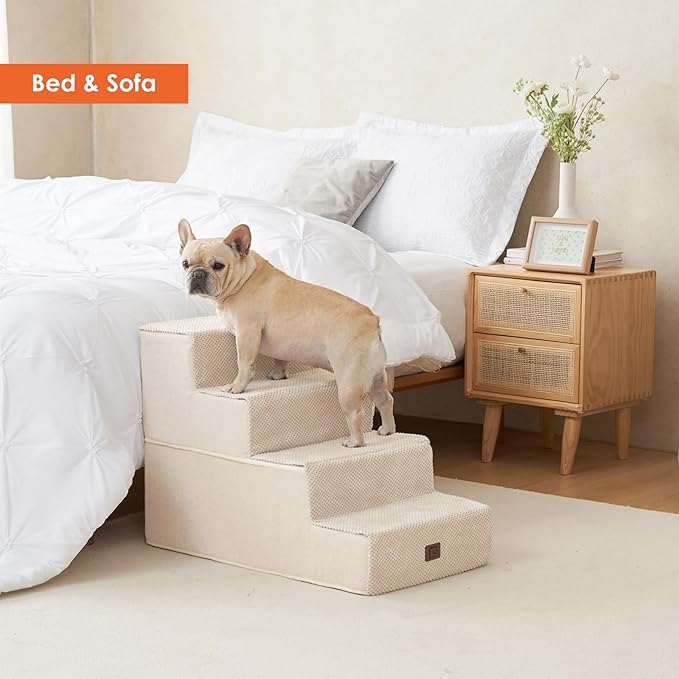 EHEYCIGA Dog Stairs for Bed 20" H, 4-Step Extra Wide Dog Steps for High Bed, Pet Steps for Small Dogs and Cats, Non-Slip Balanced Pet Ramp Indoor, Beige