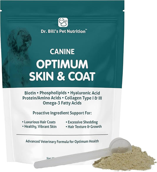 Dr. Bill's Canine Optimum Skin & Coat – Reduces Shedding, Itching, Dry Skin – Allergy Relief for Healthy Fur - Omega 3, Collagen, Biotin & Hyaluronic Acid – 680g Vet-Recommended Dog Supplement