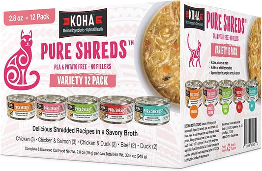 KOHA Pure Shreds Cat Variety Pack, High Protein Wet Cat Food - 5 Flavors - Beef, Duck, Chicken & Duck and Chicken & Salmon Food for Cats - 2.8 oz Cans, Pack of 12