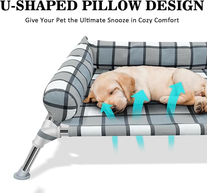 Elevated Raised Dog Bed Cot - Cooling Dog Bed with Pillows, Portable Washable Pet Cot with Metal Frame for Indoor & Outdoor Use