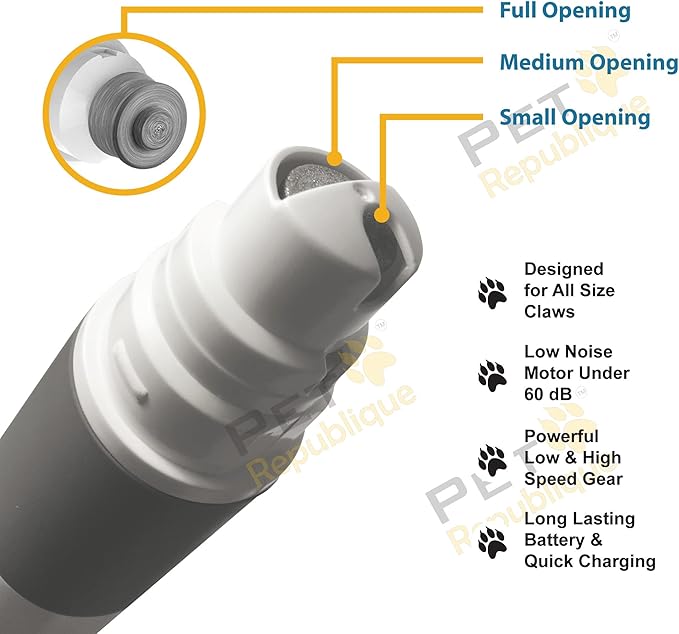 Dog Nail Grinder by Pet Republique - 2 Speed Electric Rechargeable Nail Grinder - Gentle, Quiet, Low, Painless Nail Trimmer - Multi-Setting Grinder for Any Small or Medium Dog, Cat, and Pet Claw