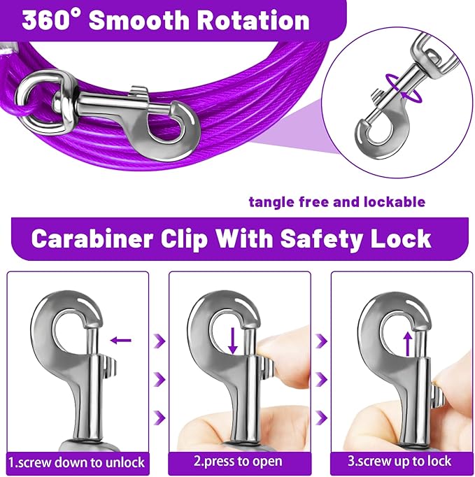 Dog Tie Out Cable 10/15/20/25/30 FT Runner for Yard Steel Wire Cable with Durable Superior Clips Purple Chains for Outside Dog Lead for Large Up to 165 Lbs