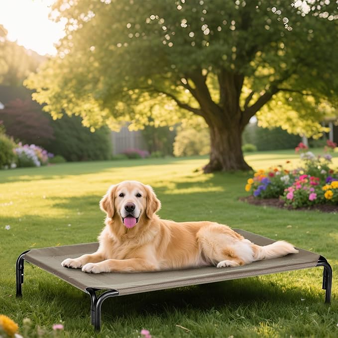 Elevated Dog Bed Outdoor, Medium Raised Cooling Dogs Cot, Lifted Pet Beds with Durable Breathable Teslin Mesh, Pet's Hammock with Non-Slip Feet, 35 inch Brown
