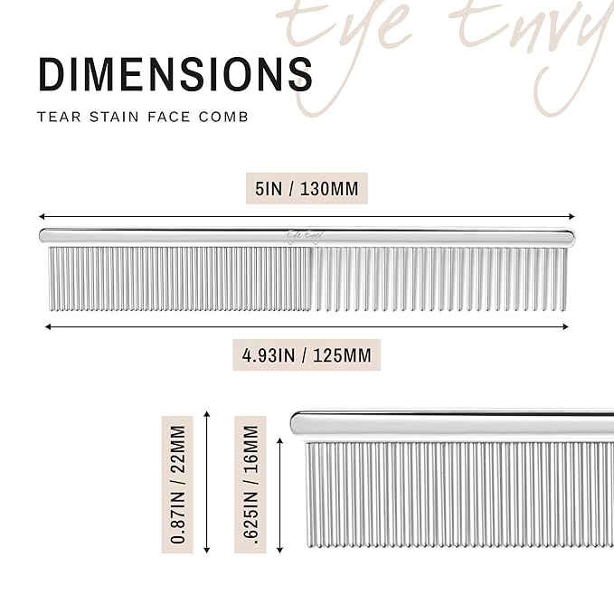 Eye Envy Tear Stain Remover Comb for Dogs and Cats. Fine/Coarse with 80 Rounded Pins. Gently Remove Crusty Eye Debris, Gunk and Boogers. Face and Feet Comb. Remove Tangles