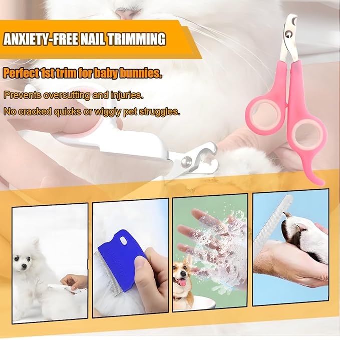 Rabbit Grooming Kit – Bunny Grooming Kit with Shedding Brush, Nail Clippers & Comb – Small Animal Grooming Supplies for Rabbits, Guinea Pigs, Hamsters, Ferrets - Small Pet Shedding & Care (Pink)