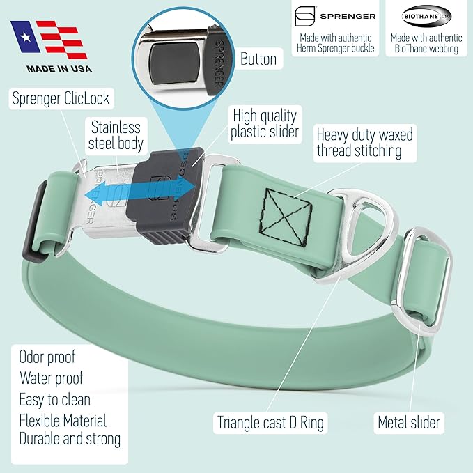 Dogline Biothane Waterproof Dog Collar with Herm Sprenger Stainless Steel Quick Release Buckle – Heavy Duty Tactical Durable Collar for Dogs – Comfortable and Safe Pet Collar, W 1" L 15-25" Sage Green
