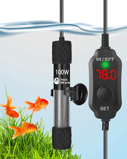 AquaMiracle Adjustable 100W Aquarium Heater Submersible Fish Tank Heater Super Short Aquarium Heater with LED Digital Display Thermostat, for Tanks 10-20 Gallons