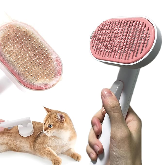 Cat Brush With Release Button - Self-Cleaning Sliker for Indoor Short Cats, Effortless Hair Removal, Gentle on Skin, Grooming for Shedding and Loose Fur