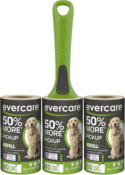 Evercare All Purpose Pet Hair Lint Roller with 2 Refills, 180 Total Sheets – Reusable Sticky Roller for Pet Hair, Cat & Dog Hair Remover, Lint Remover, Pet Hair Remover for Furniture, Clothing & Cars