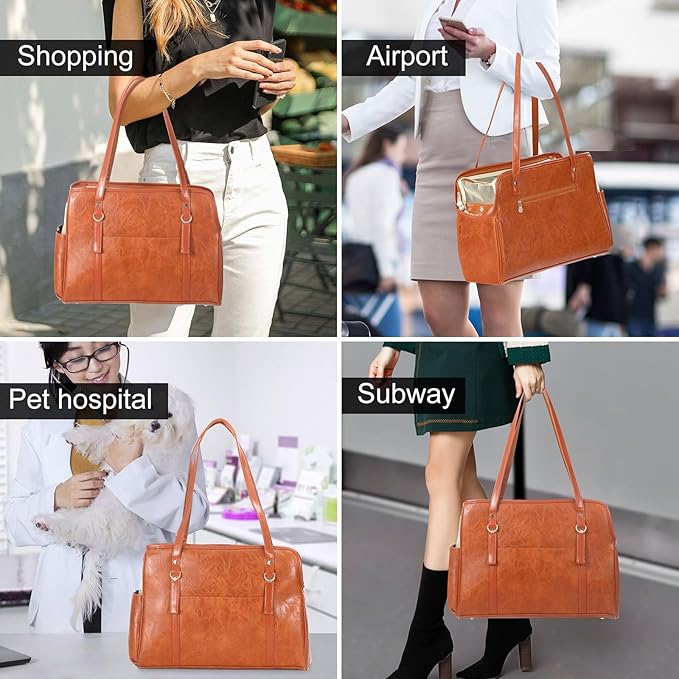 Dog Carrier Purse, Fashion Leather Pet Carrier with Pockets, Airline Approved Soft Sided Dog Carrying Bag for Puppy Cat Dog Brown