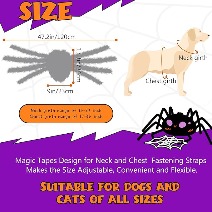 Dog Halloween Costumes, Furry Dog Spider Costume with 64 LED, Giant Spider Halloween Costume for Medium Large Dogs, Funny Costumes for Cat Pet Halloween Party Cosplay (Orange)
