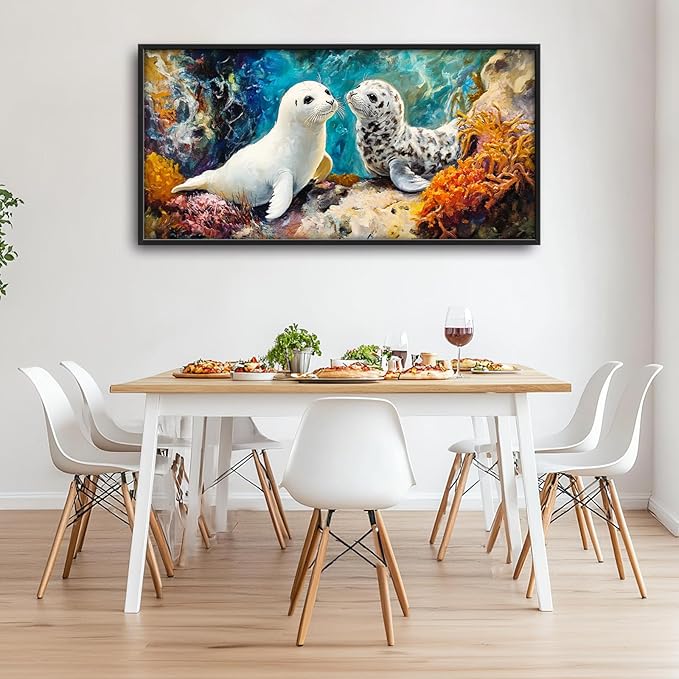 Extra Large Seal Framed Wall Art for Living Room,Oversized Underwater Animal Pictures Wall Decor,Ocean Coral Reef Canvas Print Painting Modern Artwork Bedroom Office Bathroom 60L" x 30W"