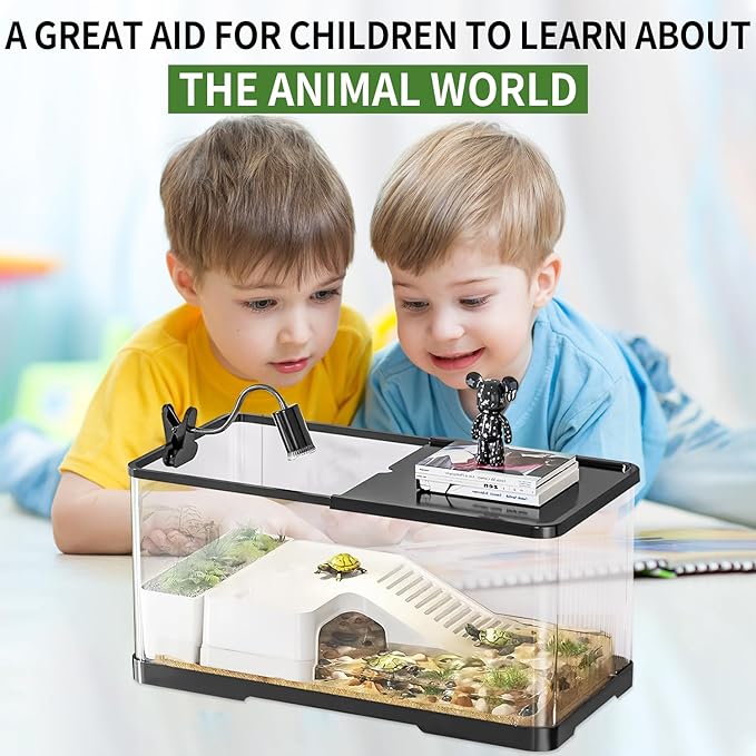 (Tank + Light + Filter Balls) Turtle Tank Kit, Turtle Tank Starter Kit,Bottom Drainage, Multi-Function Areas for Turtles, Crabs,Fishes, Amphibians,Reptiles.(15.75 x 8.64 x 8.64 Inch)