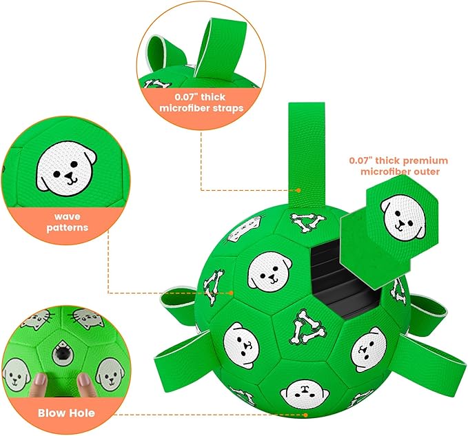 Dog Toys Ball, Durable Dog Soccer Ball with Straps, Interactive Dog Toys for Tug of War, Water Pool Puppy Toys for Indoor/Outdoor – Fun Dog Birthday Gift for Small & Medium Dogs, 6 Inch