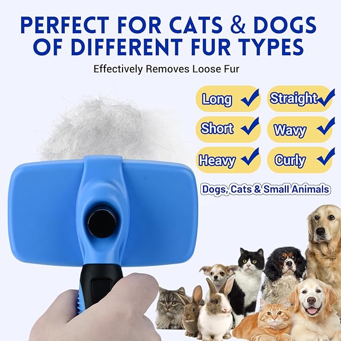 Large Self Cleaning Deshedding Brush for Dogs & Cats - One Button Hair Release Grooming Tool, Gentle Massage Brush for Long and Short Hair (Blue)