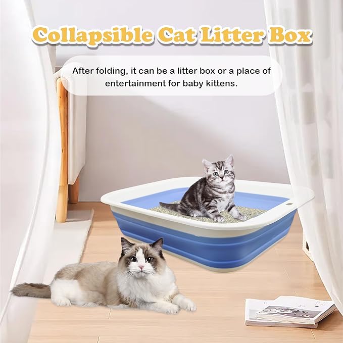 Foldable Kitty Litter Box Open Potty Pan Cat Toilet Portable Cats Litter Box Travel Litter with Scoop Waterproof Low Entrance for Kitten and Cat Toilet Easy Clean 17.7"×13.4"x4.9"(Blue)