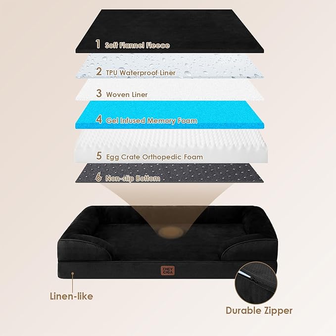 EHEYCIGA Orthopedic Dog Beds for Large Dogs, Waterproof Memory Foam Large Dog Bed with Sides, Non-Slip Bottom and Egg-Crate Foam Pet Couch Bed with Washable Removable Cover, Black