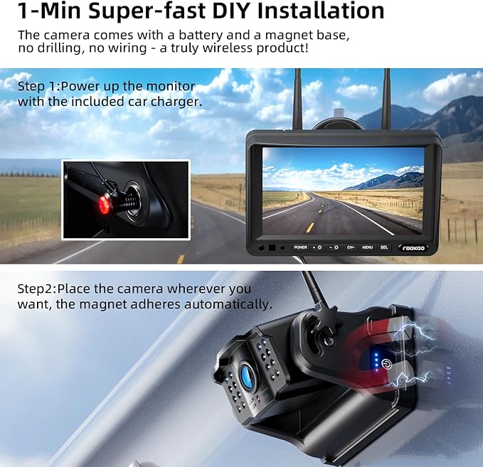 Fookoo HD Magnetic Wireless Backup Camera, 1080P 7" Dual Split Monitor & Rechargeable Rear View Cameras, Lower Consumption 1-Min Installation No Drilling Recording for RV Trailer Truck Camper DCX702