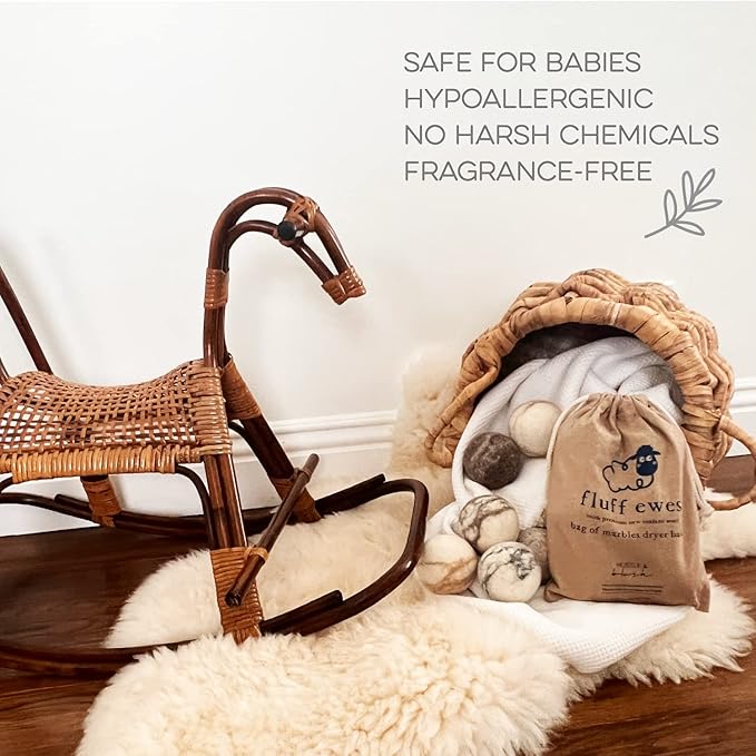 Fluff Ewes Wool Dryer Balls 6 Pack Premium New Zealand Wool Laundry Balls for Dryer, No Static Dryer Balls Laundry Reusable Cute, XL Wool Dryer Balls Cute, Baby Dryer Balls for Dryers - Marble