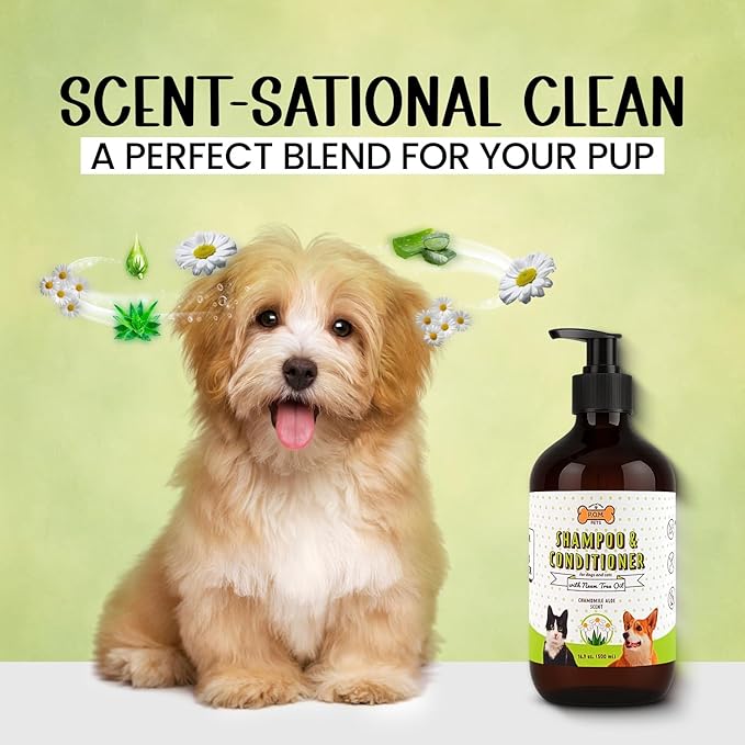 POM Pets 2-in-1 Organic Dog Shampoo & Conditioner – Itchy Skin Relief, Dog Deshedding, Detangles Fur, Cat Shampoo, Paw Cleaner for Dogs, Natural Coat Defense Formula