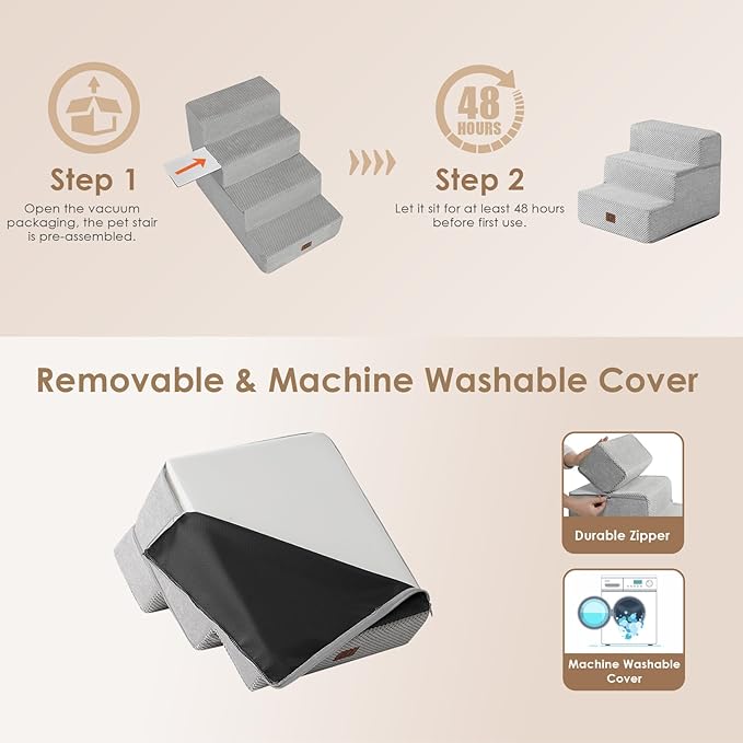 EHEYCIGA Dog Stairs for Small Dogs 13.5" H, 3-Step Dog Steps for Couch Sofa and Chair, Pet Steps for Medium Cats, Non-Slip Balanced Pet Ramp Indoor, Light Grey