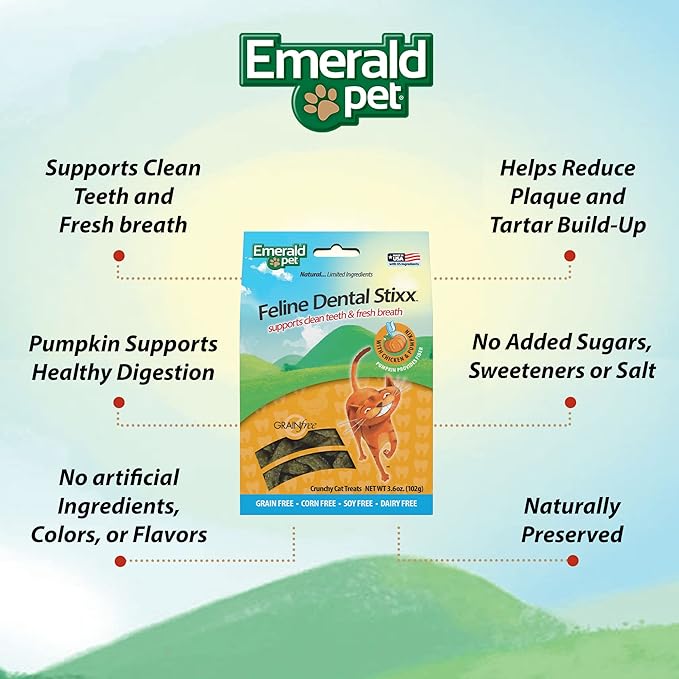 Emerald Pet Feline Dental Stixx — Tasty and Crunchy Cat Dental Sticks with Pumpkin for Digestive Health — Natural Grain Free Dental Treats for Clean Cat Teeth and Fresh Breath — Chicken Stixx, 3.6 oz