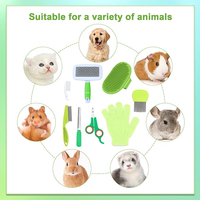 VCZONE 8 Pcs Small Animal Grooming Kit, Pink with Pet Nail Clipper and File, Flea Comb, Pet Shampoo Bath Brush, Pet Shedding Slicker Brush, Bath Massage Glove, Cleaning Comb (Green)
