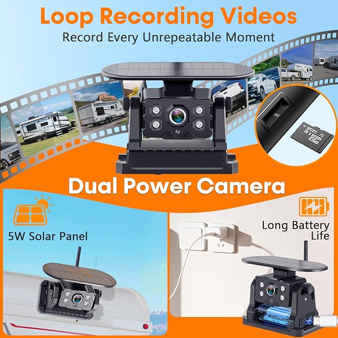 Dual RV Backup Camera Wireless with Magnetic - Recording 1080P HD Solar Rear View Camera Install-Free 7 Inch Touch Button Monitor No-Delay Signal for Truck Trailer YWD-902