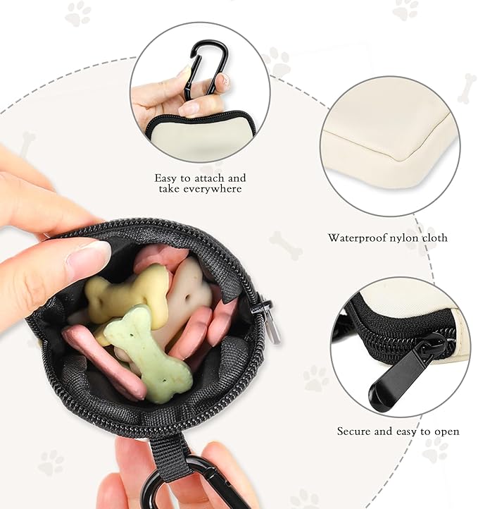 Dog Treat Pouch 2 PCS, Waterproof Small Dog Treat Bag for Leash, Hands Free Dog Walking Bag with Carabiner, Dog Poop Bag Holder for Pet Puppy Travel or Outdoor Use, Zipper Closure to Avoid Spilling