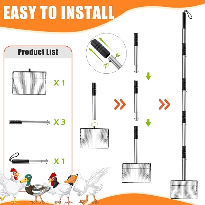 Esmorah 10 Inch Large Metal Chicken Poop Scooper for Sand & Coop Cleaning - Long Sifting Shovel with 24"-68" Adjustable Handle, 5 Lengths Heavy Duty Stainless Steel