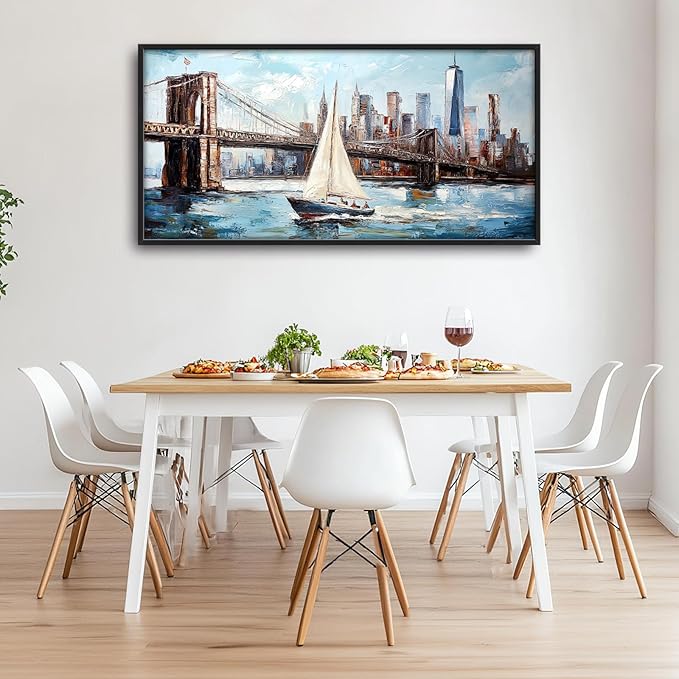 Extra Large Sailboat Framed Wall Art for Living Room,Oversized New York Brooklyn Bridge Pictures Wall Decor,Cityscape Canvas Print Painting Modern Artwork Bedroom Office Bathroom 60L" x 30W"