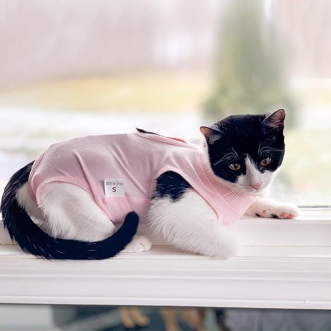 DOTON Cat Recovery Suit for Male and Female Surgical Post Surgery Soft Cone Onesie Shirt Clothes Neuter Licking Protective Diapers Outfit Cover Kitten Spay Collar(L, Pink)