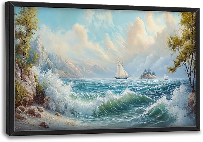 Framed Large Sailboat Wall Art for Living Room, Oversized Sea Coastal Wall Decor Beach Nautical Canvas Painting Seascape Pictures Home Decoration for Living Room Bedroom Office 36"x24"
