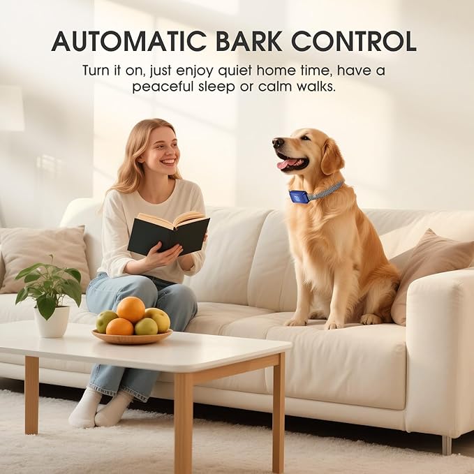 Dog Bark Collar for Large Medium Small Dogs, Rechargeable No-Bark Collar, Smart Barking Collar, Effective Bark Collar with 7-Level Sensitivity, 3 Beep & Vibration Modes, Waterproof, Darkblue